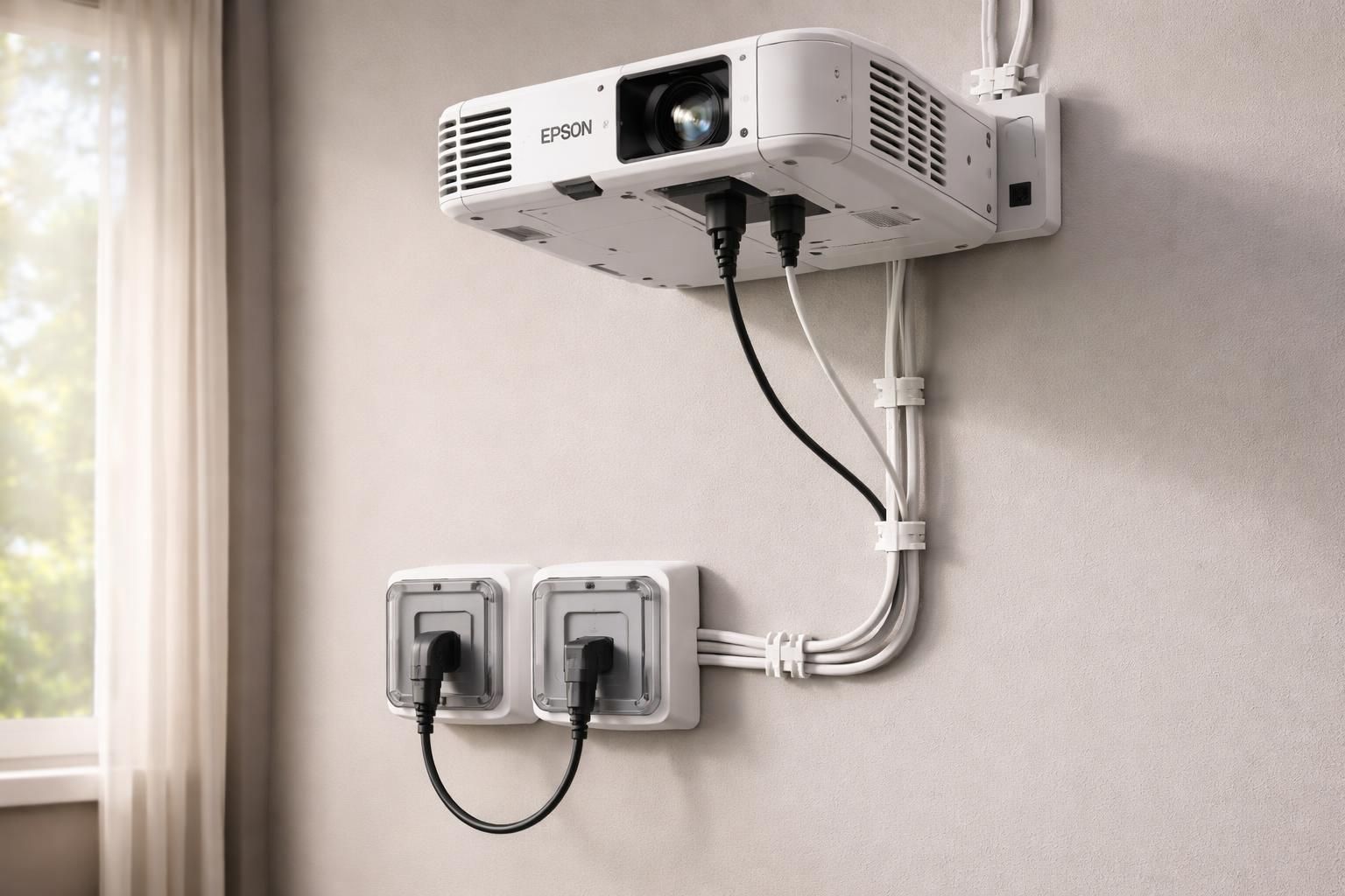 découvrez comment installer un vidéoprojecteur epson en toute sécurité grâce à des câbles avec prises ip44, assurant une protection optimale contre l'humidité et la poussière.
