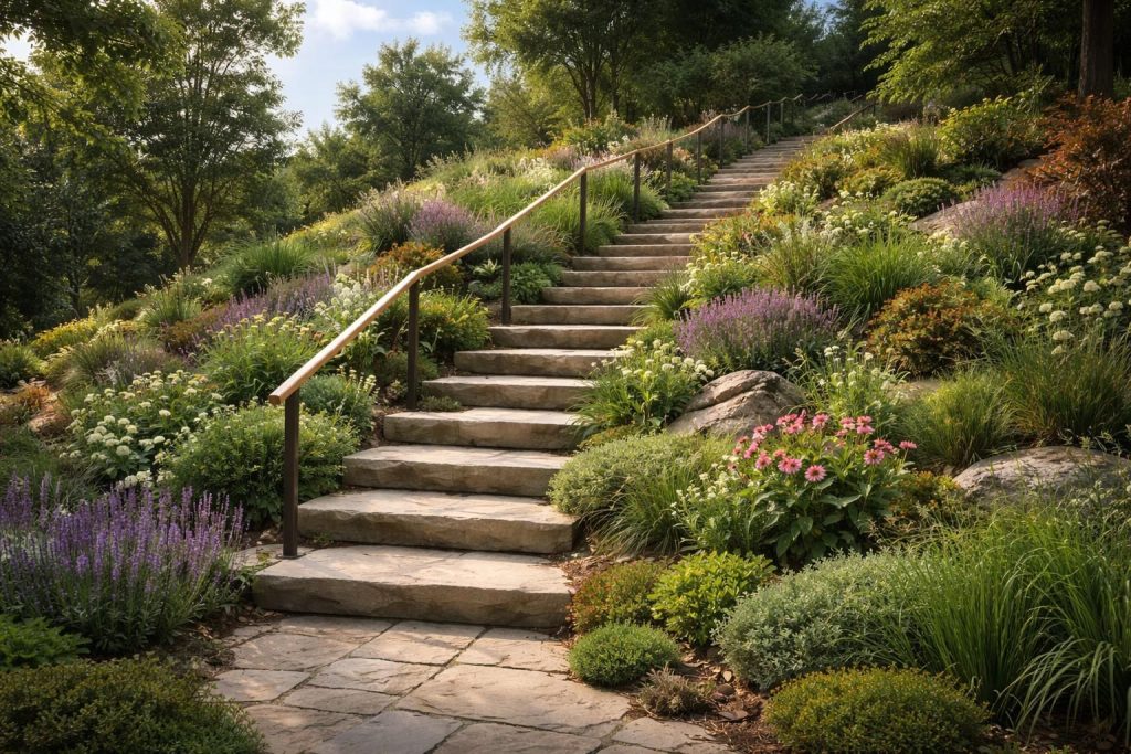 découvrez des inspirations et idées créatives pour aménager un escalier esthétique et fonctionnel dans un talus pentu, alliant praticité et beauté paysagère.
