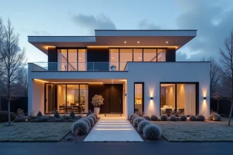 Façade de maison contemporaine décorée de guirlandes lumineuses blanches minimalistes pour Noël au crépuscule