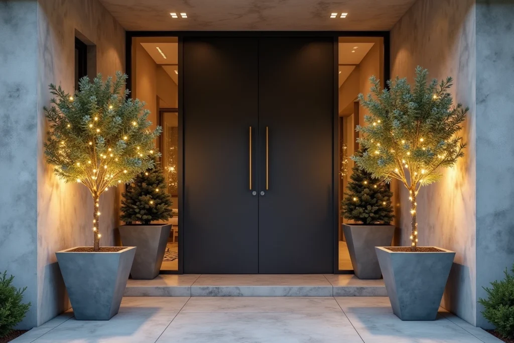 Entrée de maison moderne décorée pour Noël avec arbres en pot illuminés et porte anthracite design