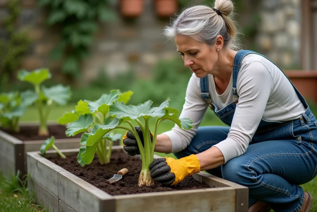 Jardinière inspectant une courgette malade atteinte de pourriture bactérienne dans un potager