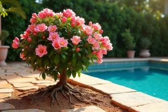 Laurier rose planté en bordure d'une piscine enterrée avec racines visibles s'étendant vers la structure en béton