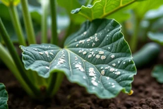 Feuille de courgette couverte d'oïdium avec taches blanches farineuses dans un potager
