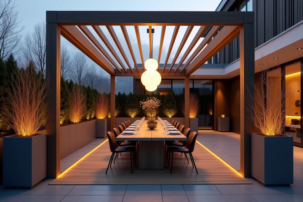 Terrasse extérieure contemporaine décorée de guirlandes lumineuses dorées pour un Noël épuré et élégant