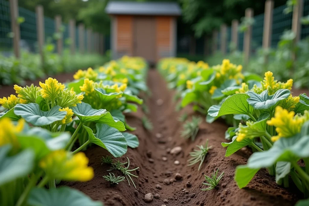 Rangées de courgettes atteintes de la mosaïque virale avec feuillage déformé et jaunissant dans un jardin potager