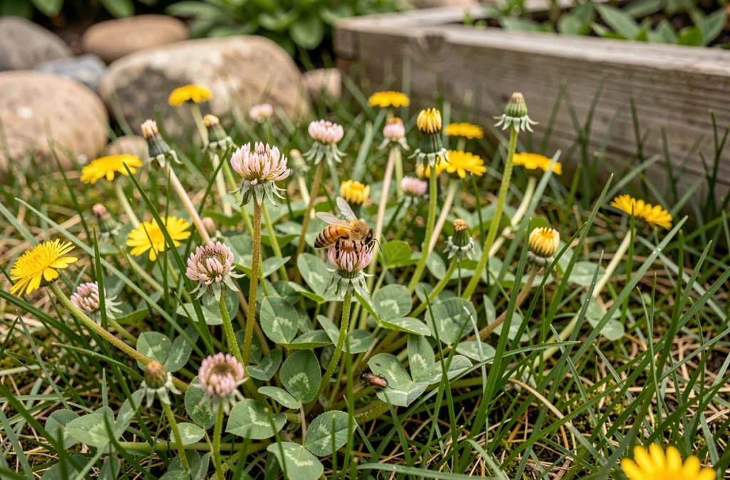 Abeille butinant du trèfle sauvage dans une zone de gazon non tondu, illustrant la biodiversité du jardin