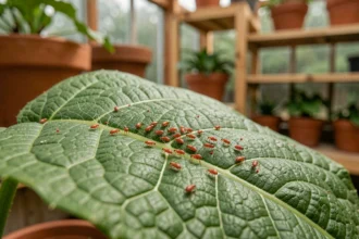 Gros plan macro sur des acariens rouges et leur toile sur la face inférieure d'une feuille de plante d'intérieur
