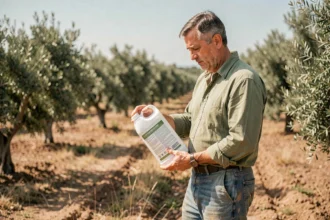 Agriculteur espagnol lisant l'étiquette réglementaire d'un bidon de glyphosate 5 litres dans un champ d'oliviers en Espagne