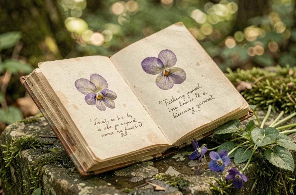 Album herbier artisanal ouvert en forêt présentant des spécimens de violettes sauvages séchées avec annotations manuscrites en latin