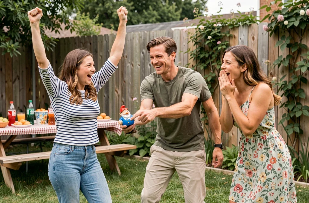 Groupe d'amis adultes jouant au nain de jardin dans un jardin, ambiance festive et fous rires entre amis