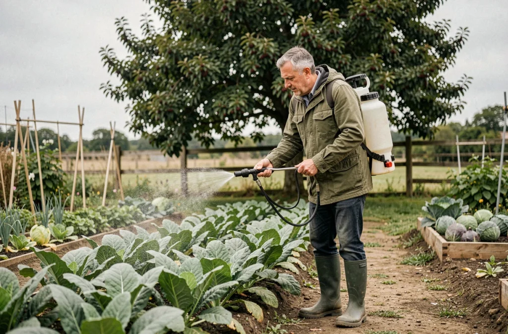 Jardinier appliquant du purin de sureau comme répulsif naturel sur des rangées de légumes dans un potager biologique en France
