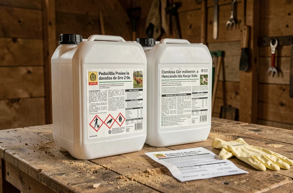 Bidons de glyphosate 5 litres avec étiquettes réglementaires espagnoles posés sur un établi en bois dans un hangar agricole