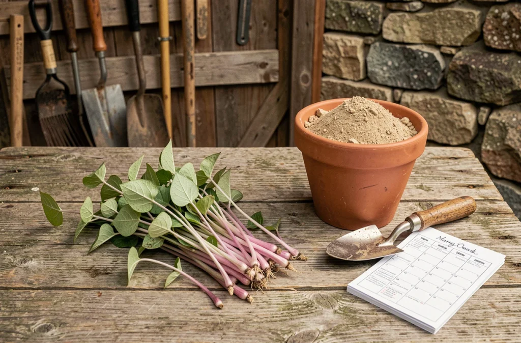 Boutures de patates douces prêtes à être plantées sur un établi de jardinage en bois