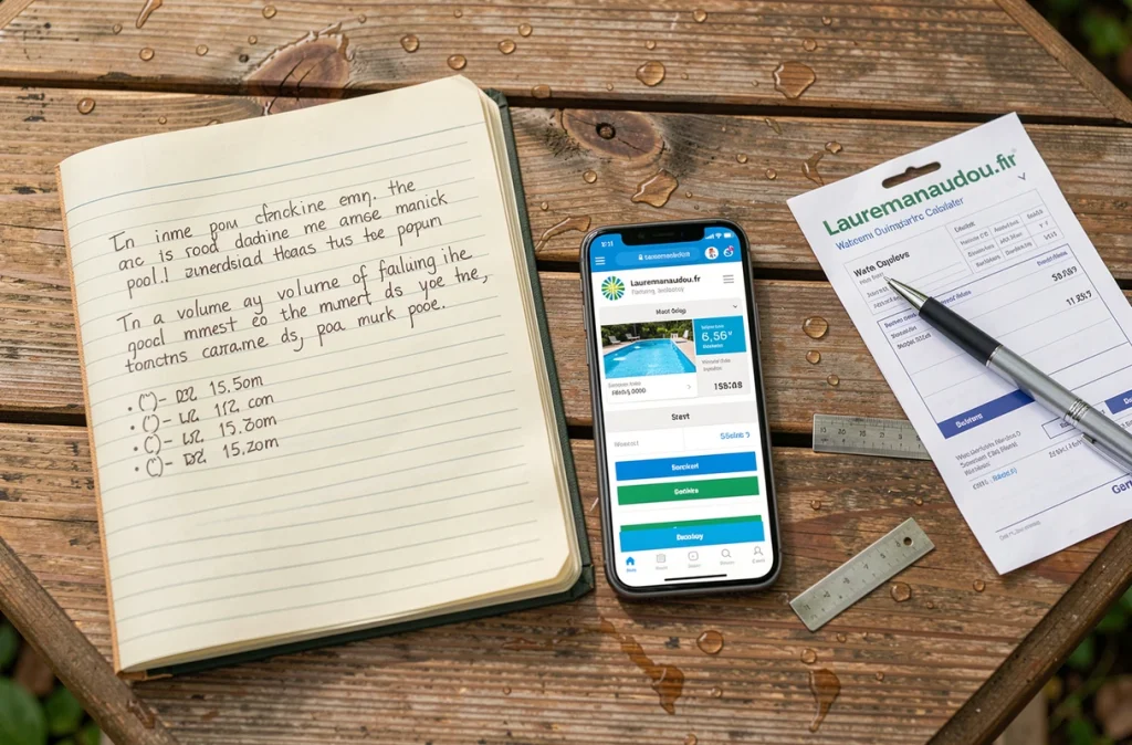 Calculateur de piscine en ligne affiché sur smartphone avec carnet de notes et facture d'eau