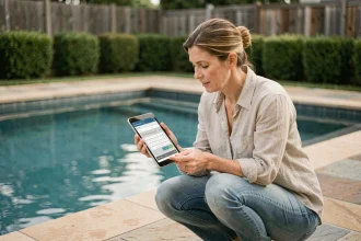 Femme utilisant un calculateur de volume de piscine sur tablette au bord d'une piscine résidentielle