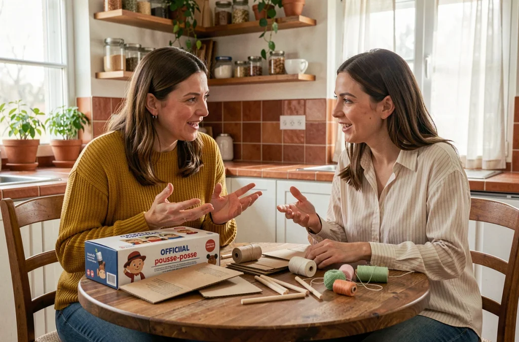 Deux femmes comparant une box officielle Pousse-pousse et un kit DIY classique sur une table de cuisine en bois