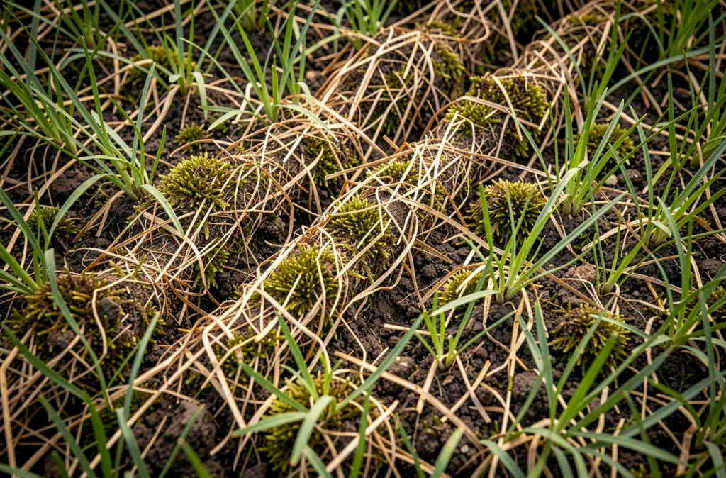Gros plan sur un gazon scarifié révélant le chaume extrait, la mousse morte et le sol mis à nu au printemps