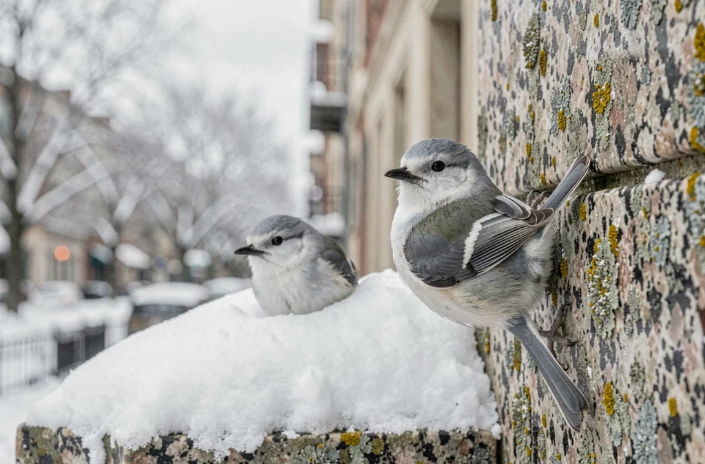 Deux petits oiseaux gris et blancs sur un mur de pierre en hiver en ville, utiles pour l'identification par leurs marquages