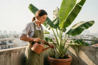 Femme entretenant un bananier en pot sur un balcon urbain en arrosant la plante avec un arrosoir en terre cuite