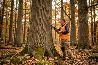 Forestier évaluant des chênes sur pied en forêt pour estimer le prix du bois avant abattage