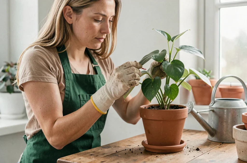 Femme inspectant une plante d'intérieur infestée de petites bestioles rouges avec des gants de jardinage