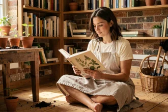 Femme lisant un livre sur la permaculture pour débutants entourée de plantes et de livres de jardinage dans une bibliothèque rustique