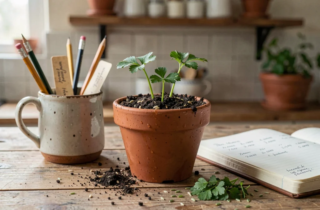 Jeunes pousses de persil germant dans un pot en terre cuite sur une table en bois, avec un carnet de notes de jardinage et des graines