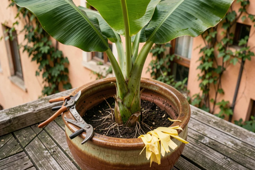 Gros plan sur un bananier en pot céramique sur balcon avec sécateur et feuilles taillées illustrant l'entretien régulier