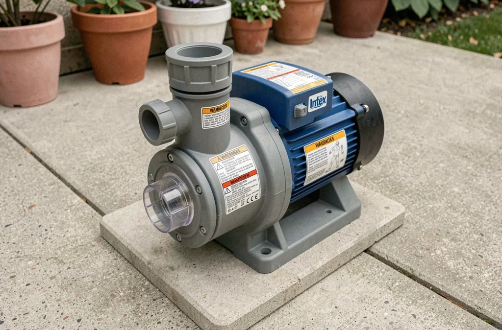 Gros plan sur une pompe filtre Intex avec raccords de tuyaux et étiquettes de sécurité sur dalle béton