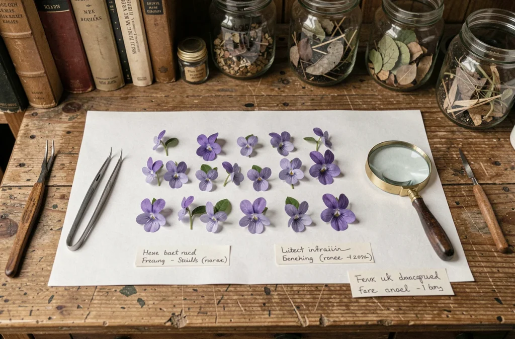 Fleurs sauvages violettes et outils botaniques disposés sur du papier buvard blanc pour la création d'un herbier maison