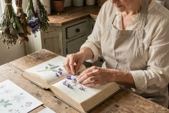 Femme préparant un herbier maison avec des fleurs sauvages violettes pressées entre les pages d'un livre botanique sur une table en bois rustique