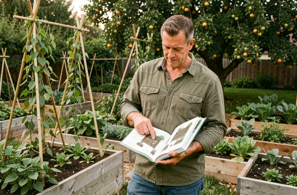 Homme consultant un guide de permaculture dans un potager avec des carrés de culture surélevés et des plantes compagnes