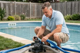 Homme installant une pompe piscine Intex avec tuyaux et filtre à sable dans un jardin suburban