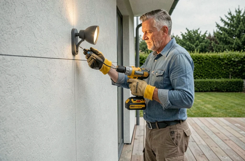 Homme installant un spot solaire LED extérieur sur un mur de façade de maison contemporaine avec terrasse en bois