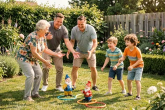 Famille multigénérationnelle jouant au jeu du nain de jardin dans un jardin verdoyant, avec rires et bonne humeur
