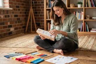 Jeune femme déballant un kit DIY de pousse-pousse artisanal avec des matériaux colorés éparpillés sur le sol d'un appartement cosy