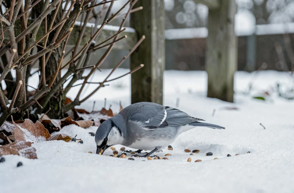 Oiseau gris et blanc cherchant de la nourriture sur la neige dans un jardin d'hiver, vue en contre-plongée naturelle