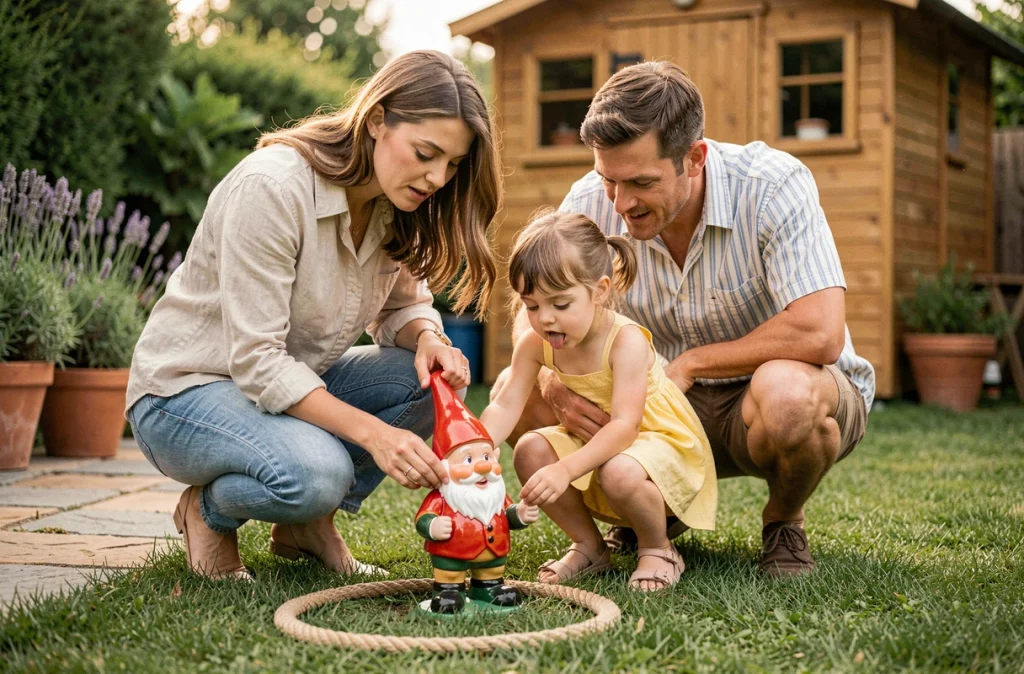 Parents et fillette concentrés sur le lancer du nain de jardin, accroupis sur une pelouse avec des figurines colorées
