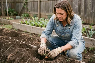 Femme qui plante des patates douces dans un potager en plein air au printemps
