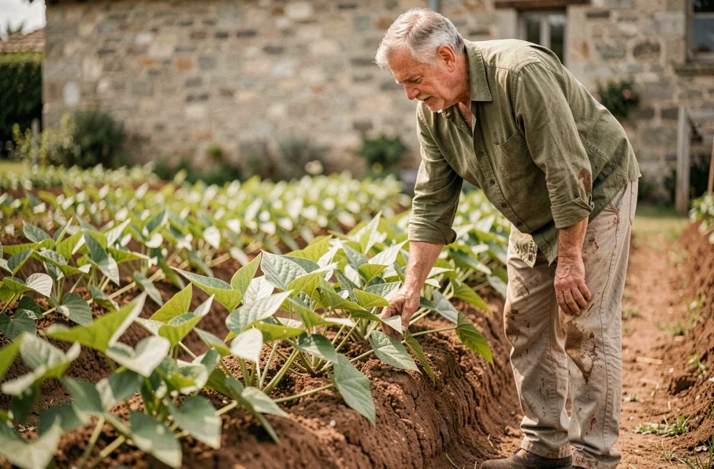Jardinier observant des rangs de patates douces en pleine croissance dans un potager traditionnel