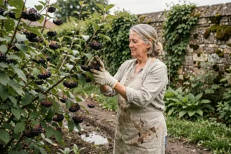 Femme qui récolte des baies de sureau dans un jardin potager français traditionnel pour préparer du purin de sureau