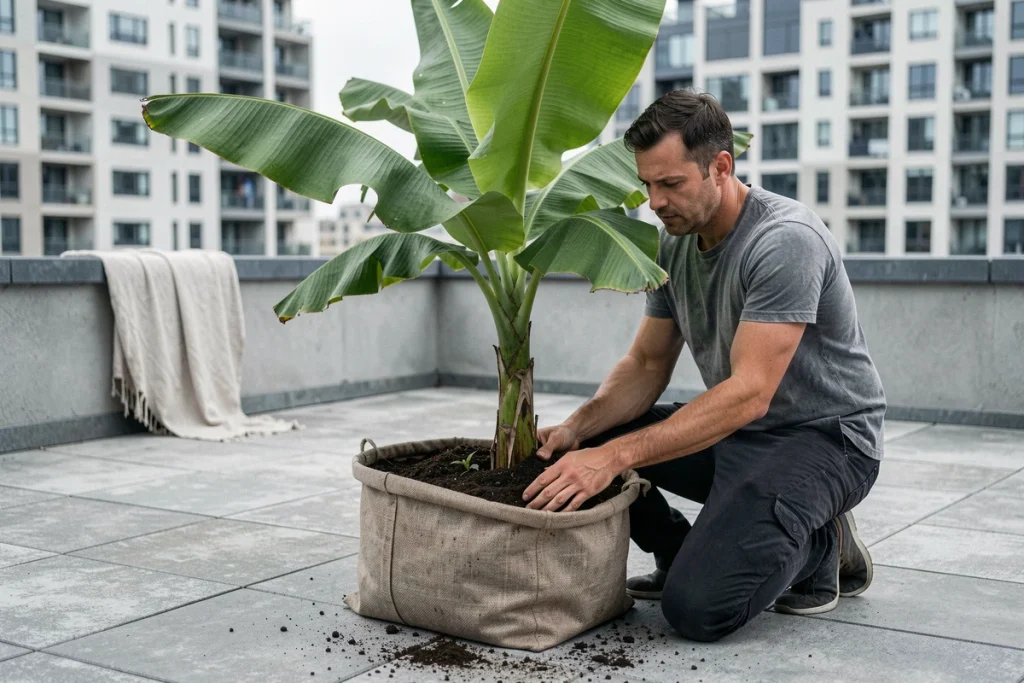 Homme rempotant un bananier dans un grand pot en tissu sur une terrasse de toit en milieu urbain