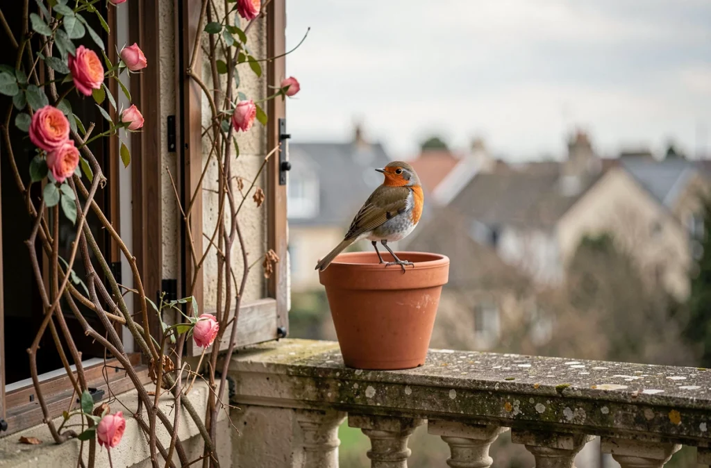 Rouge-gorge curieux posé sur un pot en terre cuite près d'une fenêtre ouverte sur un balcon de village français