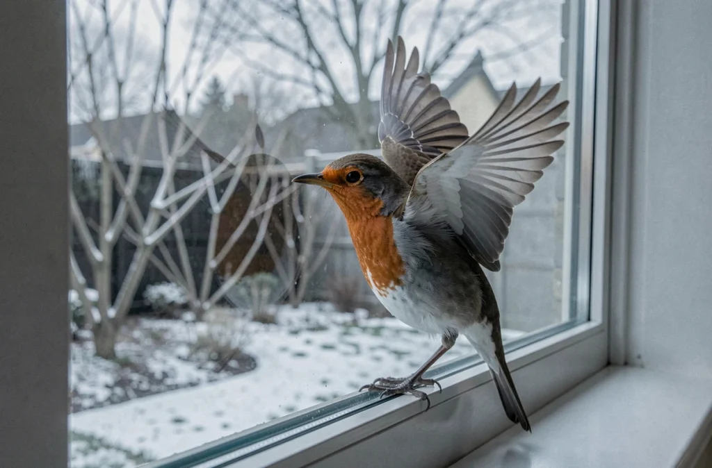Rouge-gorge frappant du bec contre la vitre d'une fenêtre moderne en hiver, vu de l'intérieur de la maison
