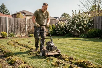 Homme utilisant un scarificateur manuel sur une pelouse printanière envahie de mousse dans un jardin résidentiel