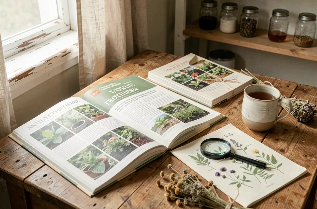 Vue aérienne d'une sélection de livres sur la permaculture ouverts sur une table en bois avec des carnets, des graines et des herbes séchées