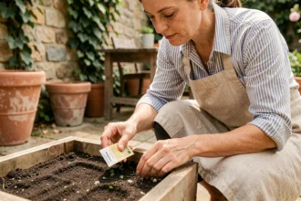 Femme semant des graines de persil dans un bac en bois sur une terrasse en pierre, sans matériel de jardinage compliqué