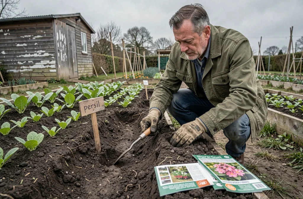 Homme préparant des sillons dans un potager extérieur pour semer du persil au printemps sans équipement spécialisé