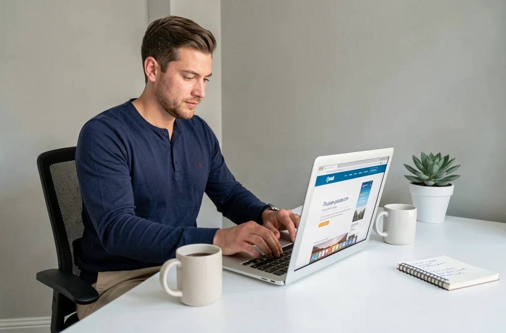 Homme consultant le site officiel Pousse-pousse.com sur un ordinateur portable dans un bureau minimaliste à domicile