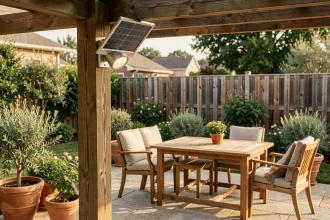 Spot solaire LED fixé sur un poteau de pergola en bois au-dessus d'une terrasse en pierre avec mobilier de jardin en teck